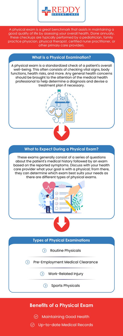 An annual physical exam is an essential part of maintaining your overall health and well-being. It allows your doctor to assess your current health status, monitor any existing conditions, and catch potential issues early. These exams typically include screenings, vaccinations, and lifestyle advice. Regular check-ups are essential for preventing illness and ensuring that you are on track for a healthy year ahead. Consult Dr. Usha Rani K. Reddy, M.D. at Reddy Urgent Care. For more information, contact us or simply walk in. No appointments are necessary. We have convenient locations to serve you in Bixby Knolls, Downtown Long Beach, and Paramount, CA. An annual physical exam is an essential part of maintaining your overall health and well-being. It allows your doctor to assess your current health status, monitor any existing conditions, and catch potential issues early. These exams typically include screenings, vaccinations, and lifestyle advice. Regular check-ups are essential for preventing illness and ensuring that you are on track for a healthy year ahead. Consult Dr. Usha Rani K. Reddy, M.D. at Reddy Urgent Care. For more information, contact us or simply walk in. No appointments are necessary. We have convenient locations to serve you in Bixby Knolls, Downtown Long Beach, and Paramount, CA.