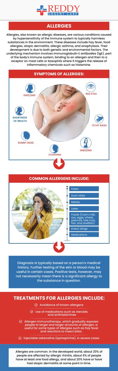 Allergies are a common condition that occurs when your immune system reacts to substances like pollen, dust, mold, or pet dander. Common symptoms include sneezing, itchy eyes, runny nose, congestion, and skin rashes. Dr. Usha Rani K. Reddy, M.D. at Reddy Urgent Care can provide expert medical care to help you get rid of them. For more information, please contact us. We are located at 123 Atlantic Ave, Long Beach, CA 90802.