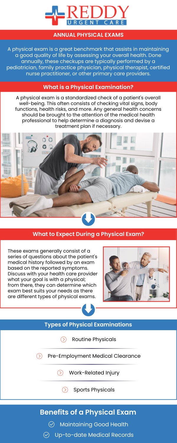 An annual physical exam is an essential part of maintaining your overall health and well-being. It allows your doctor to assess your current health status, monitor any existing conditions, and catch potential issues early. These exams typically include screenings, vaccinations, and lifestyle advice. Regular check-ups are essential for preventing illness and ensuring that you are on track for a healthy year ahead. Consult Dr. Usha Rani K. Reddy, M.D. at Reddy Urgent Care. For more information, contact us or simply walk in. No appointments are necessary. We have convenient locations to serve you in Bixby Knolls Long Beach, Downtown Long Beach, and Paramount, CA.