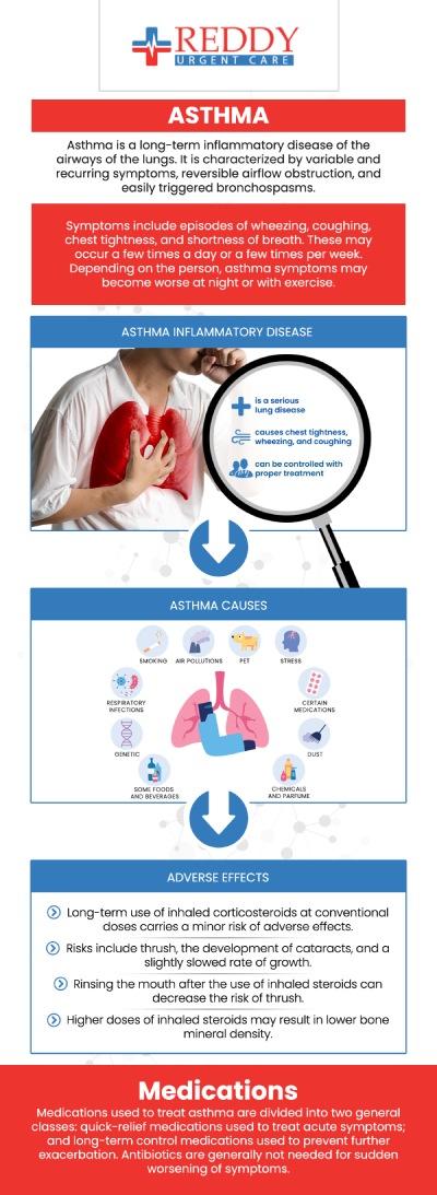 Asthma is a chronic respiratory condition that affects the lungs and causes symptoms such as wheezing, shortness of breath, chest tightness, and coughing. If you are experiencing these symptoms, it is important to seek effective asthma treatment and management plans. Don't suffer from asthma any longer. You can visit Dr. Usha Rani K. Reddy, M.D. a board-certified physician at Reddy Urgent Care for the best medical advice and treatment. We are committed to helping you feel your best. For more information, contact us or schedule an appointment online. We have convenient locations to serve you.