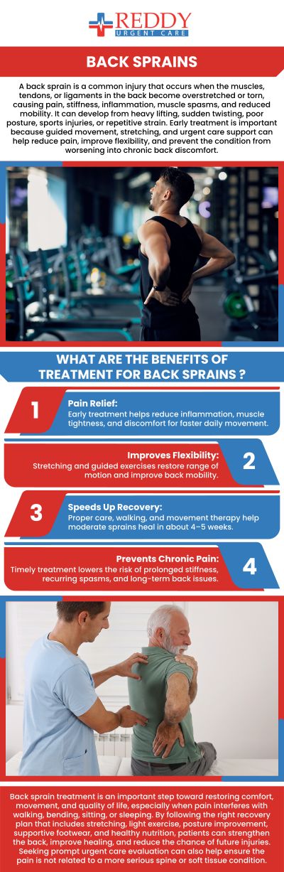 A back sprain happens when the muscles or ligaments in your back are overstretched or torn. This often leads to pain, stiffness, and reduced mobility. If you have sprained your back, come to Reddy Urgent Care for treatment. Our professionals are here to help you recover more quickly and prevent the injury from getting worse. For more information, contact us or simply walk in. No appointments are necessary. We have convenient locations to serve you in Bixby Knolls Long Beach, Downtown Long Beach, and Paramount, CA.
