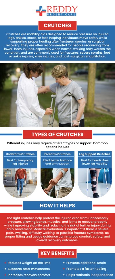Crutches are mobility aids that are used when walking is difficult due to medical issues. Fractures, sprains, and post-operative rehabilitation are all typical conditions that require the use of crutches. Crutches help to relieve pain, improve healing, and allow for safe movement, promoting independence during the recovery process. Visit Reddy Urgent Care for crutches to aid with walking and standing. For more information, contact us. No appointments are necessary. We have convenient locations to serve you in Bixby Knolls Long Beach, Downtown Long Beach, and Paramount, CA.