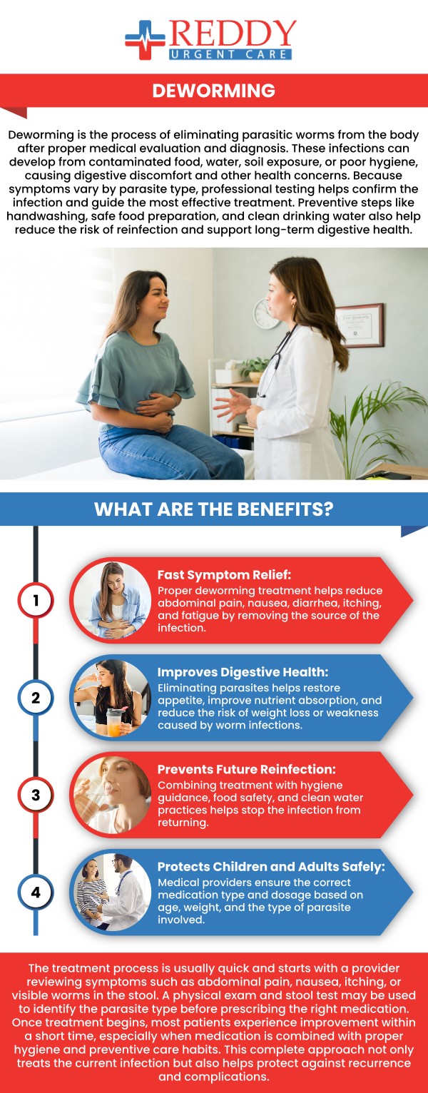 Understanding how to deworm yourself involves recognizing symptoms, practicing good hygiene, and seeking appropriate medical evaluation. Self-care measures such as maintaining clean food and water sources, washing hands regularly, and ensuring proper cooking of food can help prevent worm infections. If you suspect an infection, consult Dr. Usha Rani, MD, at Reddy Urgent Care for accurate diagnosis and treatment guidance. Contact us for more information. We have convenient locations to serve you in Downtown Long Beach, Paramount, and Bixby Knolls Long Beach CA.