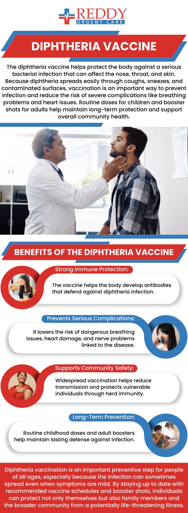 Do you require a diphtheria vaccine? Talk to our healthcare professionals today at Reddy Urgent Care. By stimulating your body's immune system, this vaccine provides effective protection against diphtheria, which can cause life-threatening breathing problems and heart damage. Receiving this vaccine is a simple yet vital step in safeguarding your health and contributing to the well-being of the community. Contact us for all your urgent care needs or simply walk in. No appointments are necessary. We have convenient locations to serve you in Bixby Knolls Long Beach, Downtown Long Beach, and Paramount, CA.