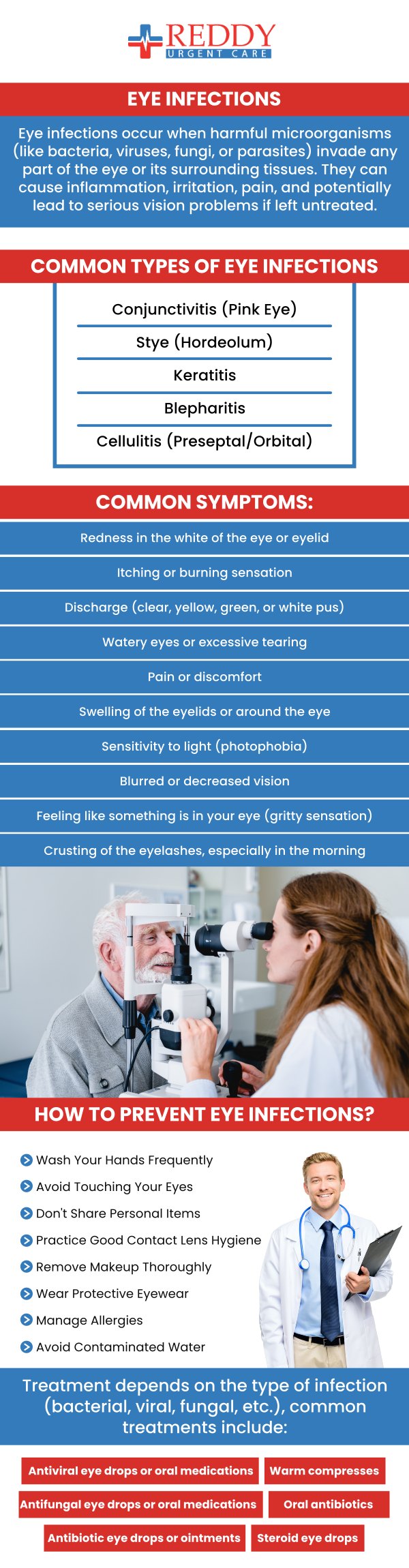 Eye infections are uncomfortable and painful to deal with but they also inevitably make you want to avoid eye contact with every person you come across at all costs. Dr. Usha Rani K. Reddy, M.D., at Reddy Urgent Care can provide you with effective, fast, and expert treatment. For more information, please contact us. We are located at 8311 Alondra Blvd, Paramount, CA 90723.