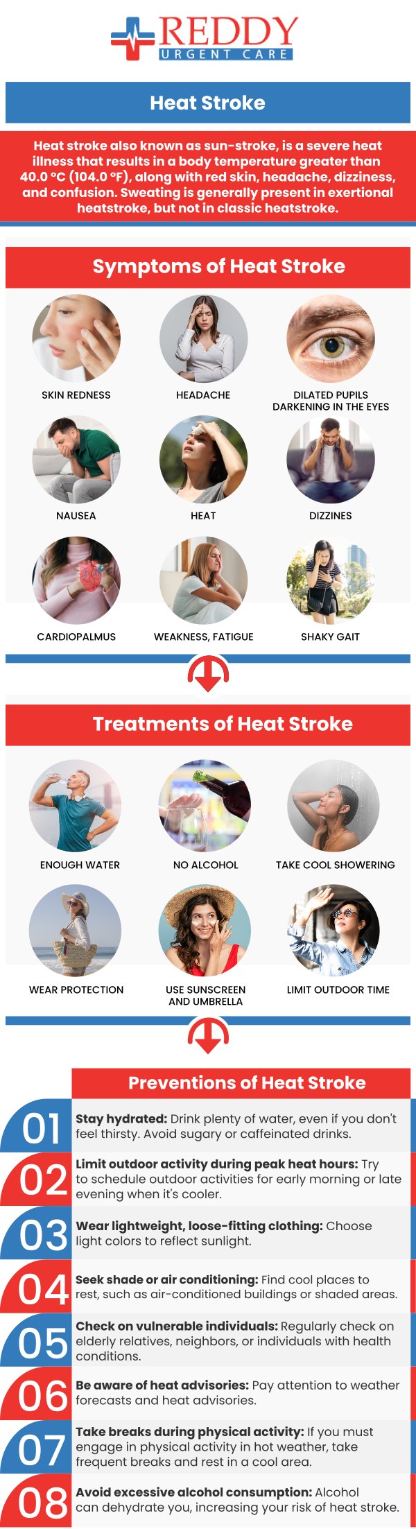 At Reddy Urgent Care, Dr. Usha Rani K. Reddy, M.D., offers quick and efficient treatment for children experiencing heatstroke in order to lower body temperature and avoid further complications. Heatstroke in children is a risky disorder that can occur when their body temperature increases to unsafe levels. High body temperature, hot and dry skin, rapid heartbeat, and disorientation are some of the symptoms. Immediate treatment for heat stroke entails relocating the child to a shaded area, removing unnecessary clothing, and providing cool water or ice packs to the body. Seeking medical attention is critical to ensuring complete testing and monitoring. For proper treatment and diagnosis, contact us or schedule an appointment online. We have convenient locations in Bixby Knolls, Downtown Long Beach, and Paramount, CA.