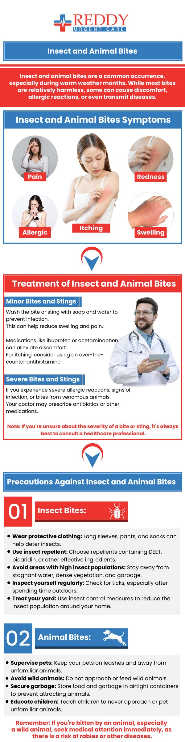 At Reddy Urgent Care we treat a variety of insect stings. If you or someone you know needs treatment, simply walk into our urgent care. Our friendly staff and expert doctors look forward to helping you. We are a walk in clinic and open 7 days a week. Call now or simply walk in! We have convenient locations to serve you.