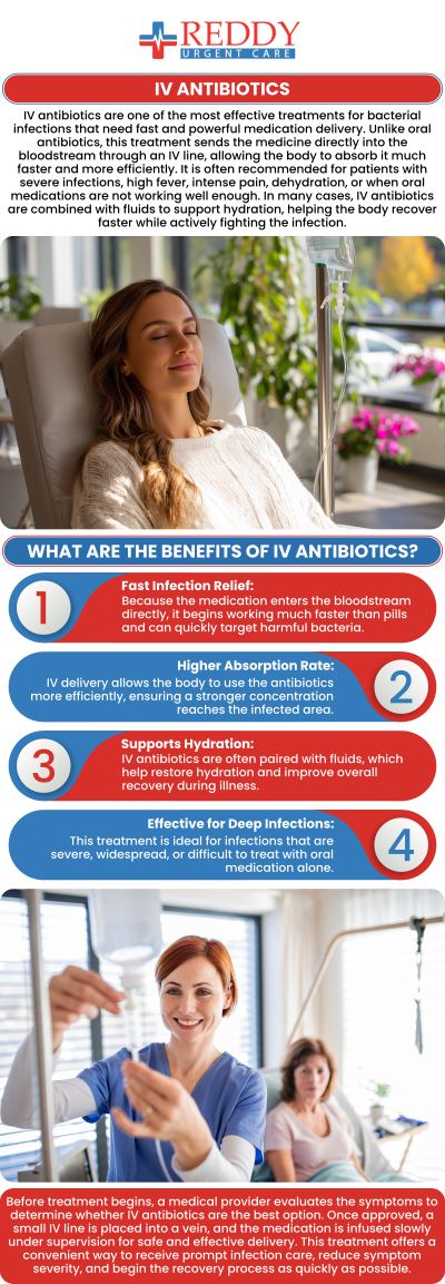IV antibiotics are vital treatments that are injected directly into the bloodstream to treat bacterial infections that cannot be effectively managed with oral antibiotics. A high fever, infection, and severe pain are symptoms that indicate a need for IV antibiotic treatment. IV antibiotics provide several benefits, including quick action, high drug concentration, and the capacity to treat deep-seated infections. For more information, contact us or walk in today for IV antibiotics treatment with no appointment needed. We have convenient locations to serve you.
