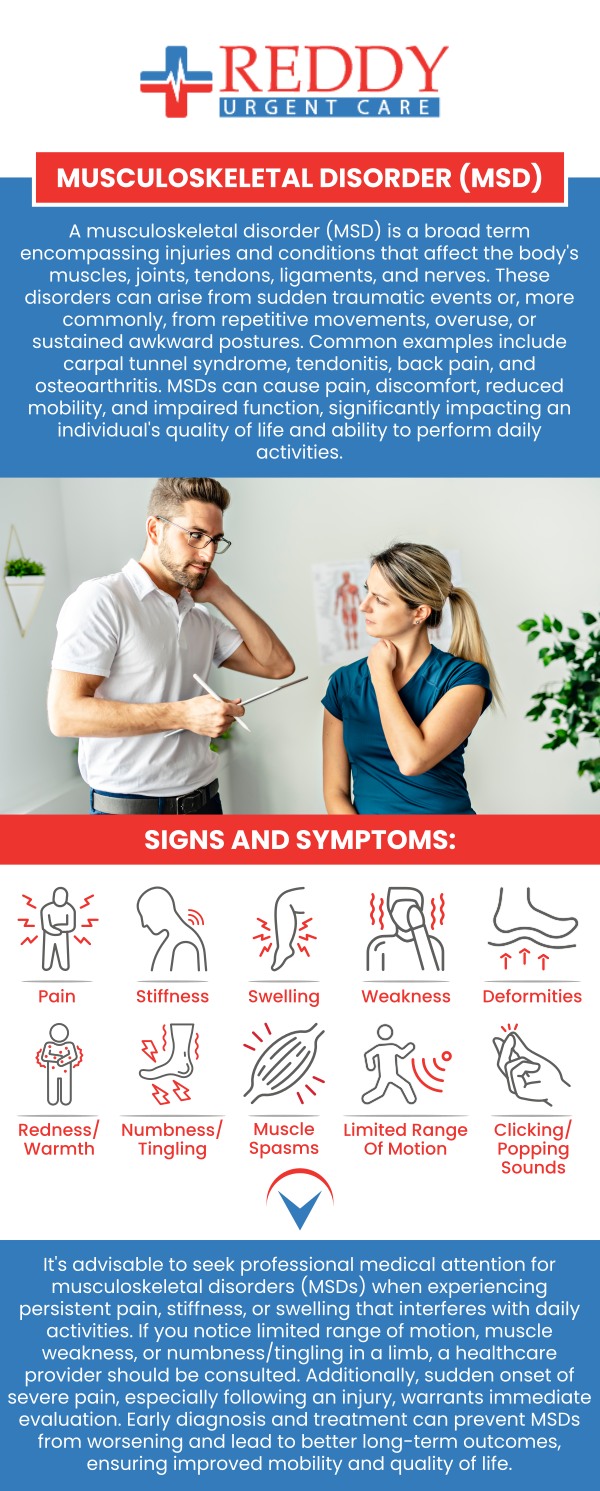 Are you suffering from a musculoskeletal injury? Reddy Urgent Care provides immediate, expert care for various conditions, including sprains, strains, fractures, and dislocations. Dr. Usha Rani K. Reddy, M.D., and the team are equipped to diagnose and treat your injury effectively, offering services like X-rays, splints, casts, and referrals to specialists if needed. Visit us today for prompt, high-quality care and rapid pain relief. We're dedicated to helping you get back on your feet quickly. For more information, contact us. Walk-in visits are welcome. We have convenient locations to serve you.