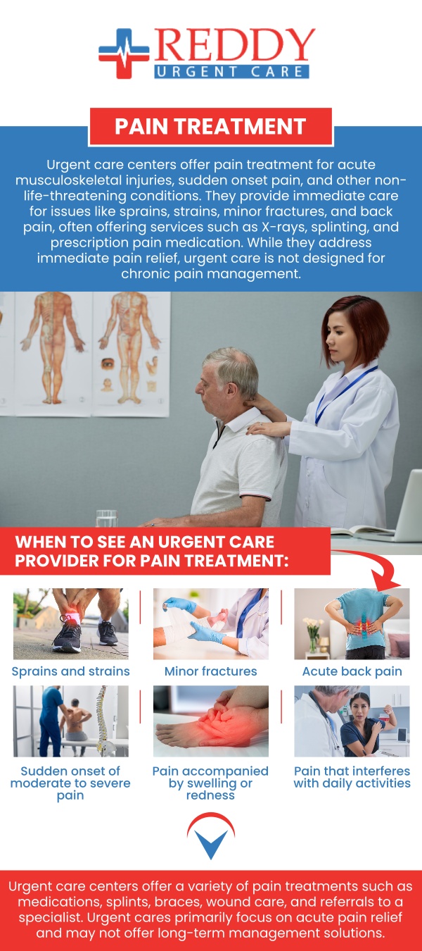 Reddy Urgent Care offers prompt and effective solutions for managing various types of pain, including sudden injuries, persistent headaches, and unexplained discomfort. They provide immediate diagnosis and treatment, bypassing long wait times in emergency rooms, and handle minor to complex issues. Our board-certified physician Dr. Usha Rani K. Reddy offers pain treatment. To learn more, contact us. Walk-in visits are welcome. We have convenient locations to serve you.