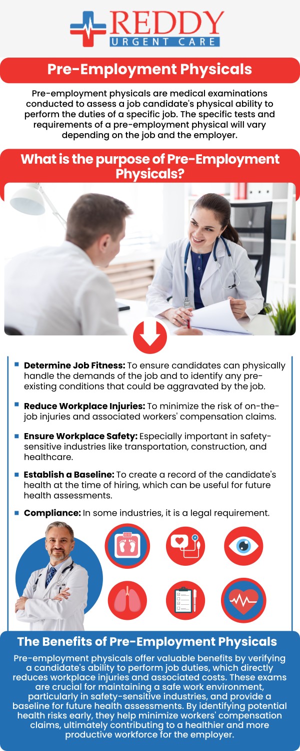 Pre-employment physicals provide a medical examination of a workers for their overall health, medical history, and physical abilities to determine their suitability for the position. Reddy Urgent Care provides thorough evaluations to ensure workplace security and productivity. Talk with Dr. Usha Rani K. Reddy, M.D., if you have any questions about our pre-employment physical services. For more information, contact us now or simply walk in. No appointments are necessary. We have convenient locations to serve you.