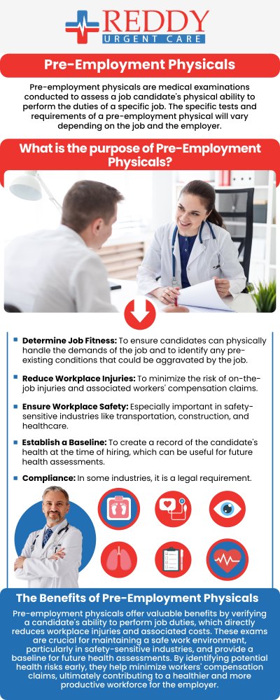 Pre-employment physicals provide a medical examination of a workers for their overall health, medical history, and physical abilities to determine their suitability for the position. Reddy Urgent Care provides thorough evaluations to ensure workplace security and productivity. Talk with Dr. Usha Rani K. Reddy, M.D., if you have any questions about our pre-employment physical services. For more information, contact us now or simply walk in. No appointments are necessary. We have convenient locations to serve you.