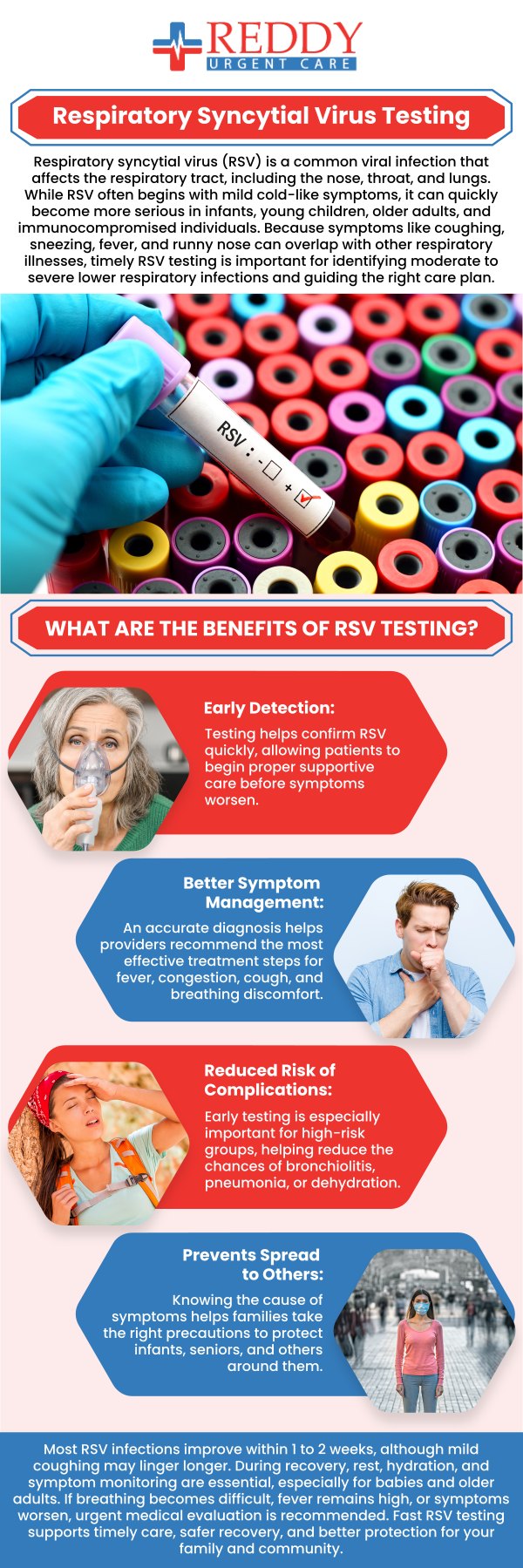 At Reddy Urgent Care, Dr. Usha Rani K. Reddy, MD, provides fast and accurate RSV testing to quickly diagnose respiratory syncytial virus (RSV), a common viral infection. Our testing process is simple and efficient, with results typically available in a short time frame. Once diagnosed, we offer effective treatments to manage symptoms, providing relief and supporting recovery for patients of all ages in a comfortable and timely manner. For more information, please contact us. We are located at 123 Atlantic Ave, Long Beach, CA 90802.