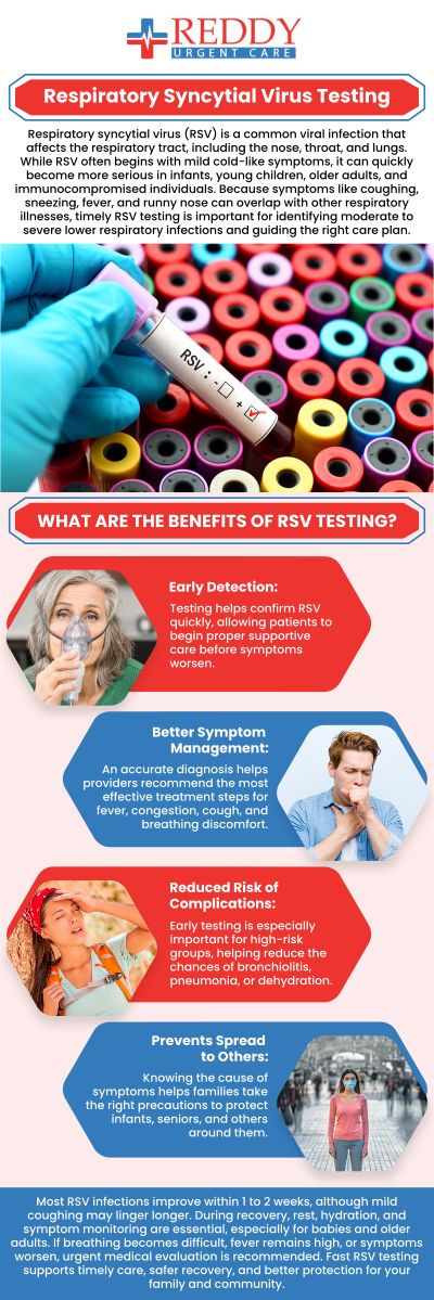 Get rapid RSV diagnosis for both children and adults at Reddy Urgent Care, where Dr. Usha Rani K. Reddy, MD provides quick and accurate testing to identify respiratory syncytial virus (RSV). Common symptoms include coughing, wheezing, shortness of breath, fever, and congestion. Our experienced medical team ensures timely results to guide effective treatment, helping to relieve symptoms and prevent complications. For more information, please contact us. We are located at 8311 Alondra Blvd, Paramount, CA 90723.