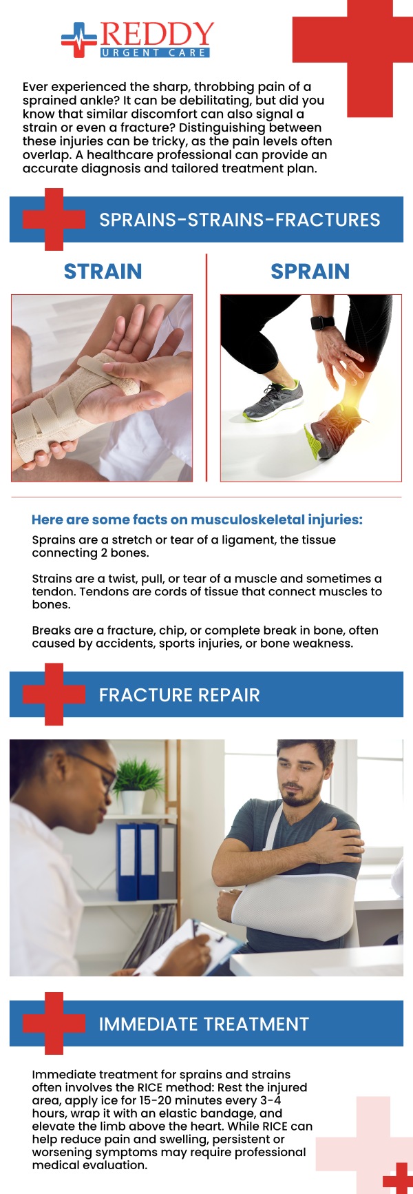 Reddy Urgent Care treats patients suffering from sprains, strains, and fractures. Sprains and broken ankles can be very painful, but proper medical care has significant benefits for a quick recovery. A sprain is characterized by pain, edema, bruising, and difficulty moving the injured joint. Seeking treatment provides benefits such as pain reduction, reduced swelling, and the avoidance of further complications. No appointments are needed. For more information, contact us. We have convenient locations to serve you.