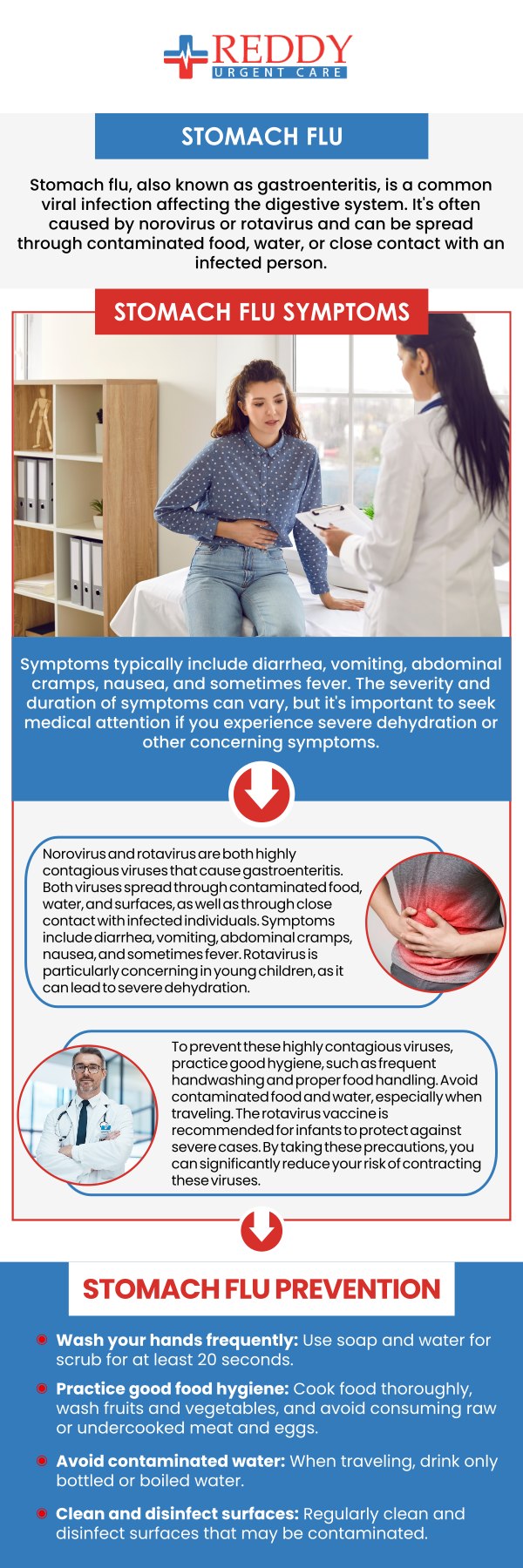 Stomach flu, also known as viral gastroenteritis, is a digestive tract infection caused by a virus. Gastrointestinal symptoms and signs include loose stools, cramping in the stomach, nausea, vomiting, and occasionally a fever. It can be transmitted by getting into contact with contaminated surfaces or infected individuals. Dr. Usha Rani K. Reddy, M.D., at Reddy Urgent Care provides guidance on symptom management and suitable treatment. For more information, please contact us. We are located at 123 Atlantic Ave, Long Beach, CA 90802.