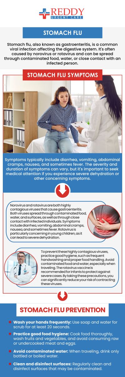 Stomach flu, also known as viral gastroenteritis, is a digestive tract infection caused by a virus. Gastrointestinal symptoms and signs include loose stools, cramping in the stomach, nausea, vomiting, and occasionally a fever. It can be transmitted by getting into contact with contaminated surfaces or infected individuals. Dr. Usha Rani K. Reddy, M.D., at Reddy Urgent Care provides guidance on symptom management and suitable treatment. For more information, please contact us. We are located at 123 Atlantic Ave, Long Beach, CA 90802.