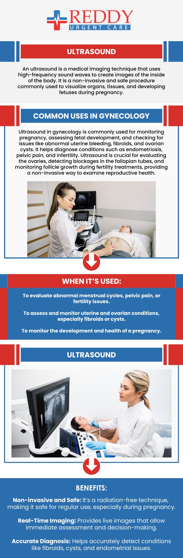 At Reddy Urgent Care, Dr. Usha Rani K. Reddy, M.D., and her team are available to offer you reliable and quick findings from your ultrasound examinations and to evaluate what you need. You can rely on us to provide quality ultrasound services in a pleasant and accessible setting, whether for diagnostic or monitoring purposes. For more information, contact us now or simply walk in. No appointments are necessary. We have convenient locations to serve you.